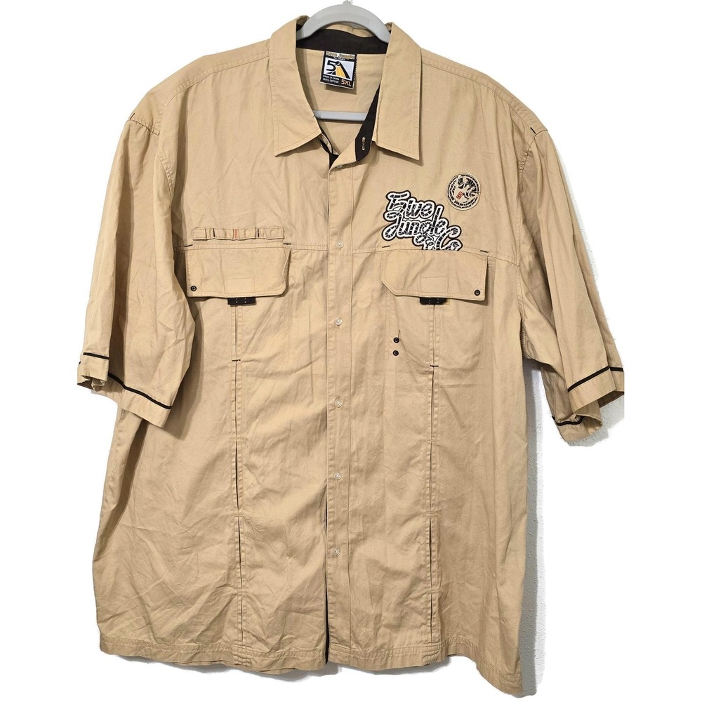 5ive Jungle Shirt Mens 5XL Beige Short Sleeve Button Front Utility Embroidered